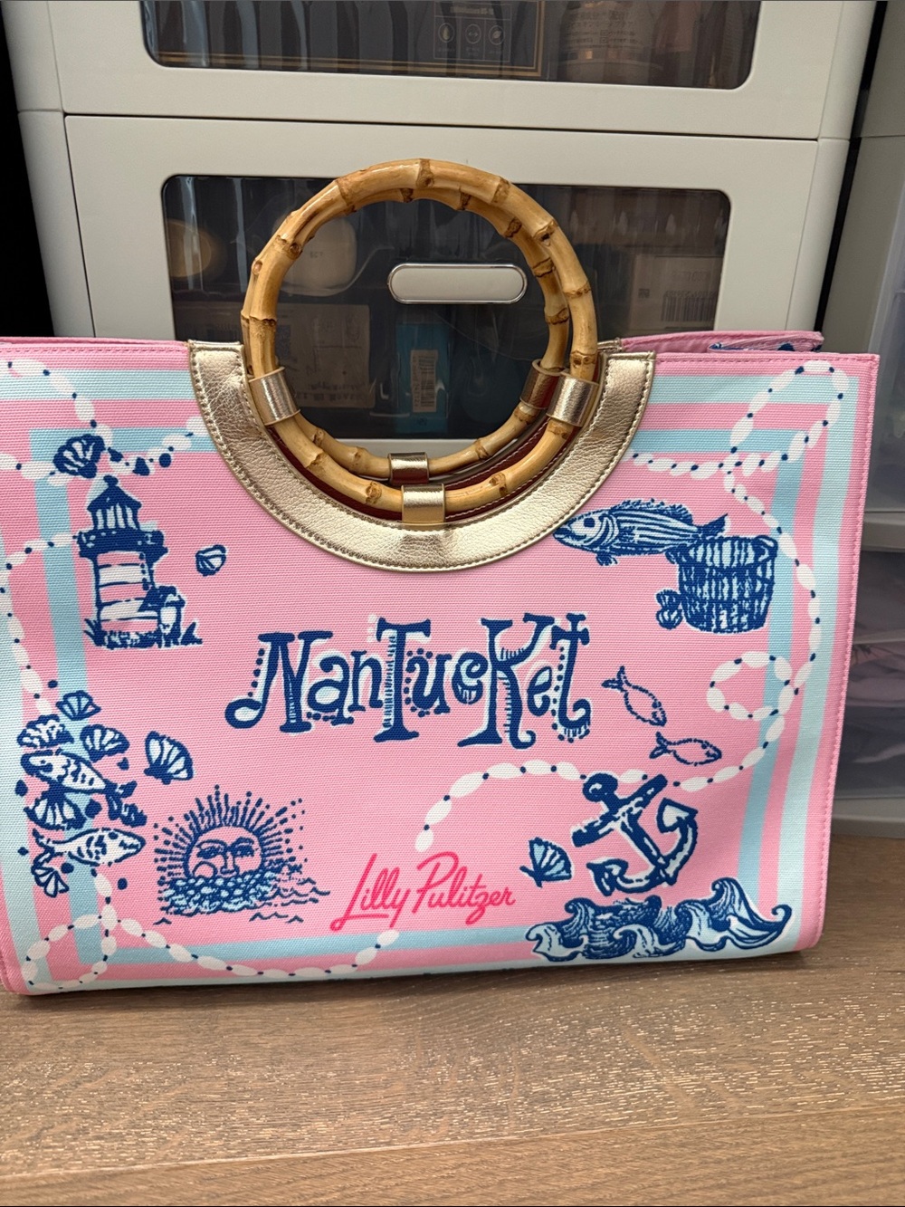 Lilly Pulitzer Pink Nantucket Canvas Tote with Gold Trim